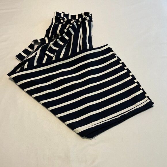 Zara Navy Blue Striped Wide Leg Cropped Pants Size M - Picture 2 of 4